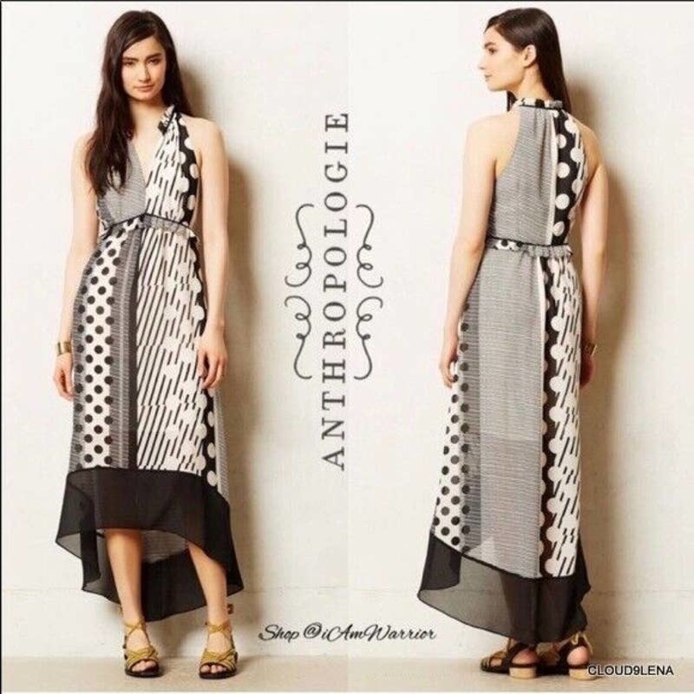 Maeve Black and White Mixed-Print Halter Maxi Dress